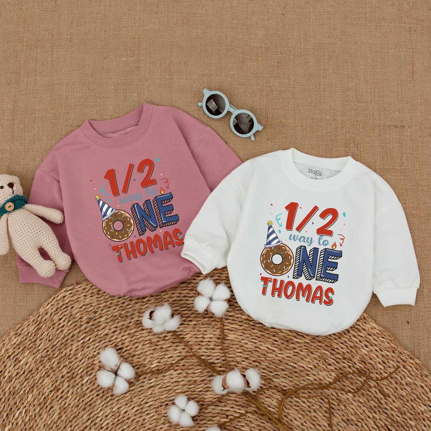 Personalized Baby Boy Half Birthday Romper 1/2 Way To One Donut Party Bodysuit Adorable Celebration Outfit Red Blue Confetti Design Gift