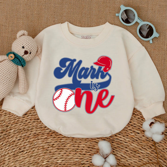 Personalized Baseball First Birthday Romper for Baby Boy, Patriotic Red Blue Sporty Theme 1st Celebration Bodysuit Baby Shower Gift