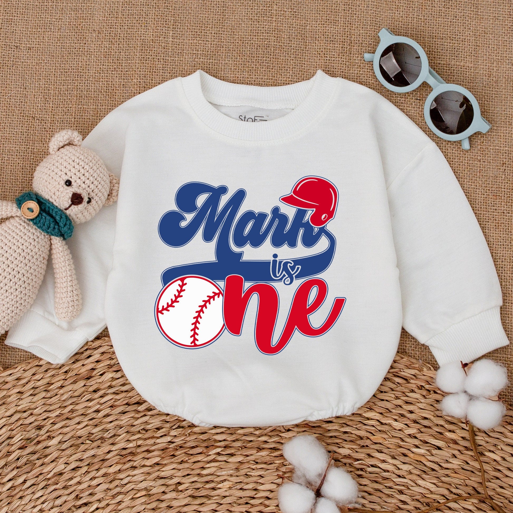 Personalized Baseball First Birthday Romper for Baby Boy, Patriotic Red Blue Sporty Theme 1st Celebration Bodysuit Baby Shower Gift