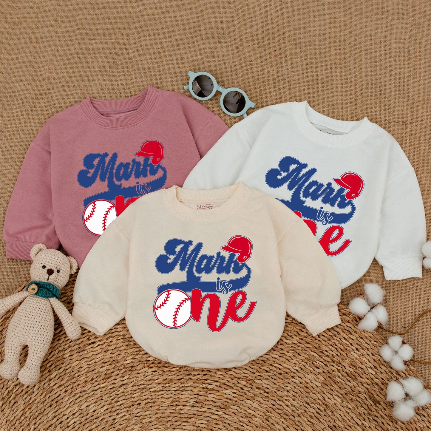 Personalized Baseball First Birthday Romper for Baby Boy, Patriotic Red Blue Sporty Theme 1st Celebration Bodysuit Baby Shower Gift