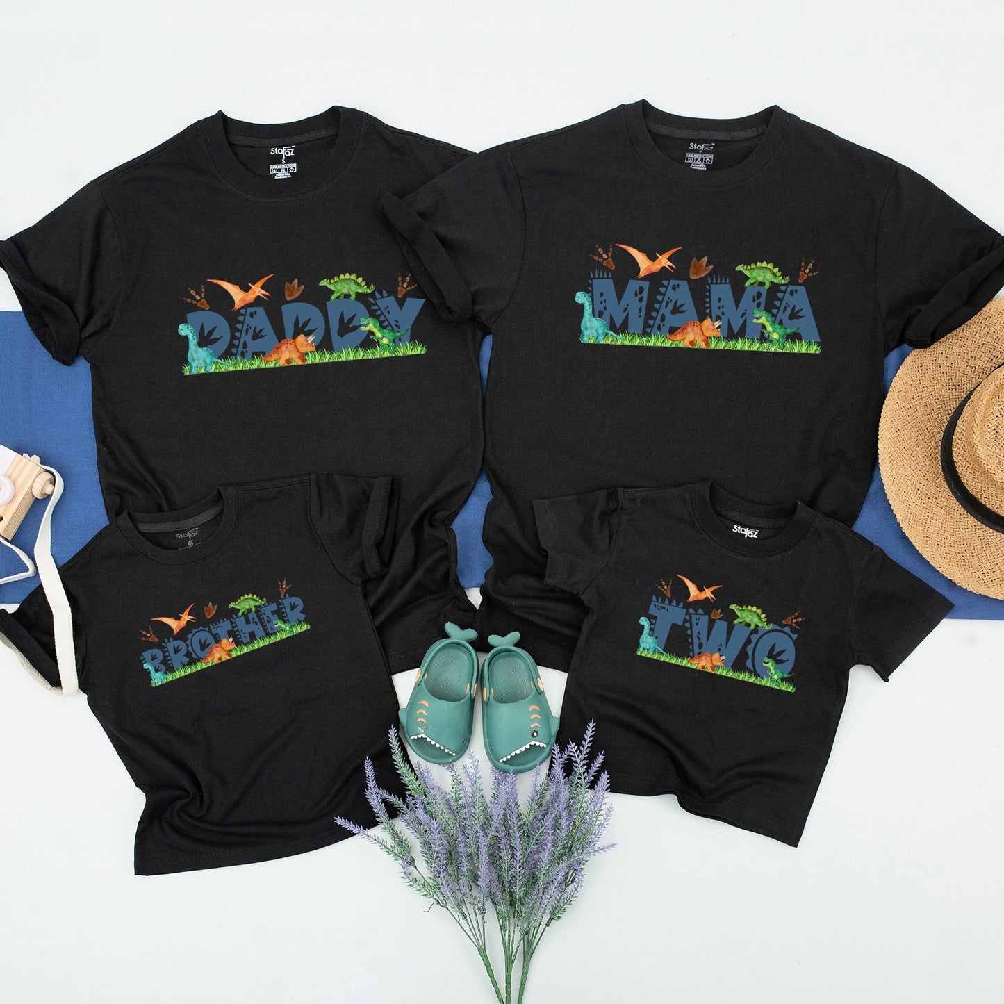 Matching Family Dinosaur Birthday Tees MamaSaurus DadaSaurus Kids 1st Birthday Party Outfit Whimsical Cartoon Dino Design Navy Text