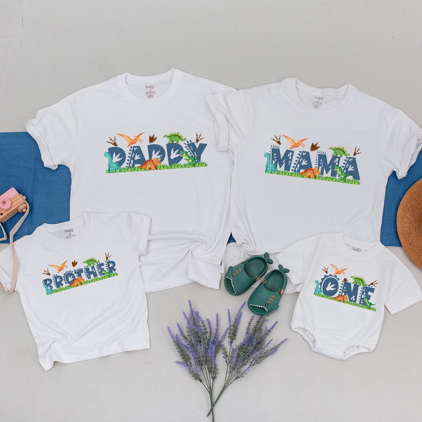 Matching Family Dinosaur Birthday Tees MamaSaurus DadaSaurus Kids 1st Birthday Party Outfit Whimsical Cartoon Dino Design Navy Text