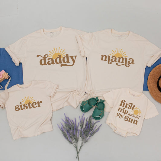Custom First Trip Around The Sun 1st Birthday Shirt Matching Family Boho Sun Celebration Outfits Mommy and Me Son Daughter Tee