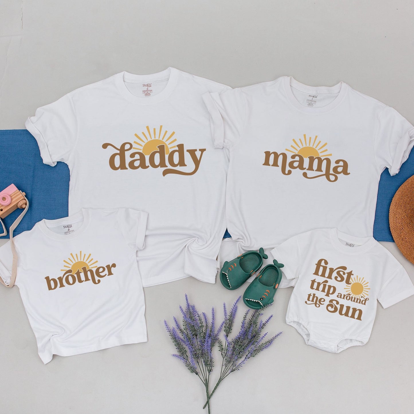 Custom First Trip Around The Sun 1st Birthday Shirt Matching Family Boho Sun Celebration Outfits Mommy and Me Son Daughter Tee