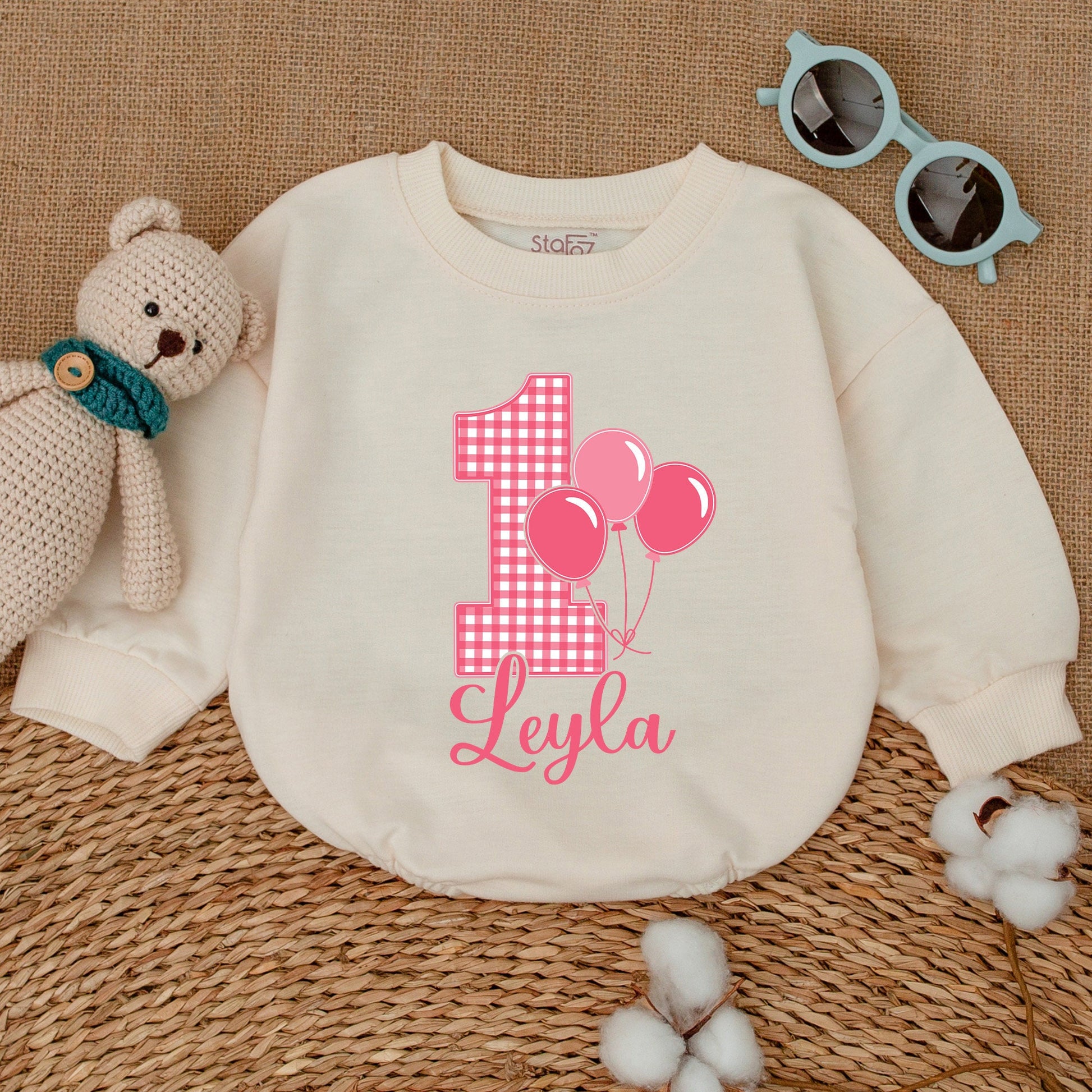 Personalized Pink Gingham 1st Birthday Romper for Baby Girl Leyla Name Balloon Smash Cake Outfit Bodysuit Cheerful Baby Shower Gift