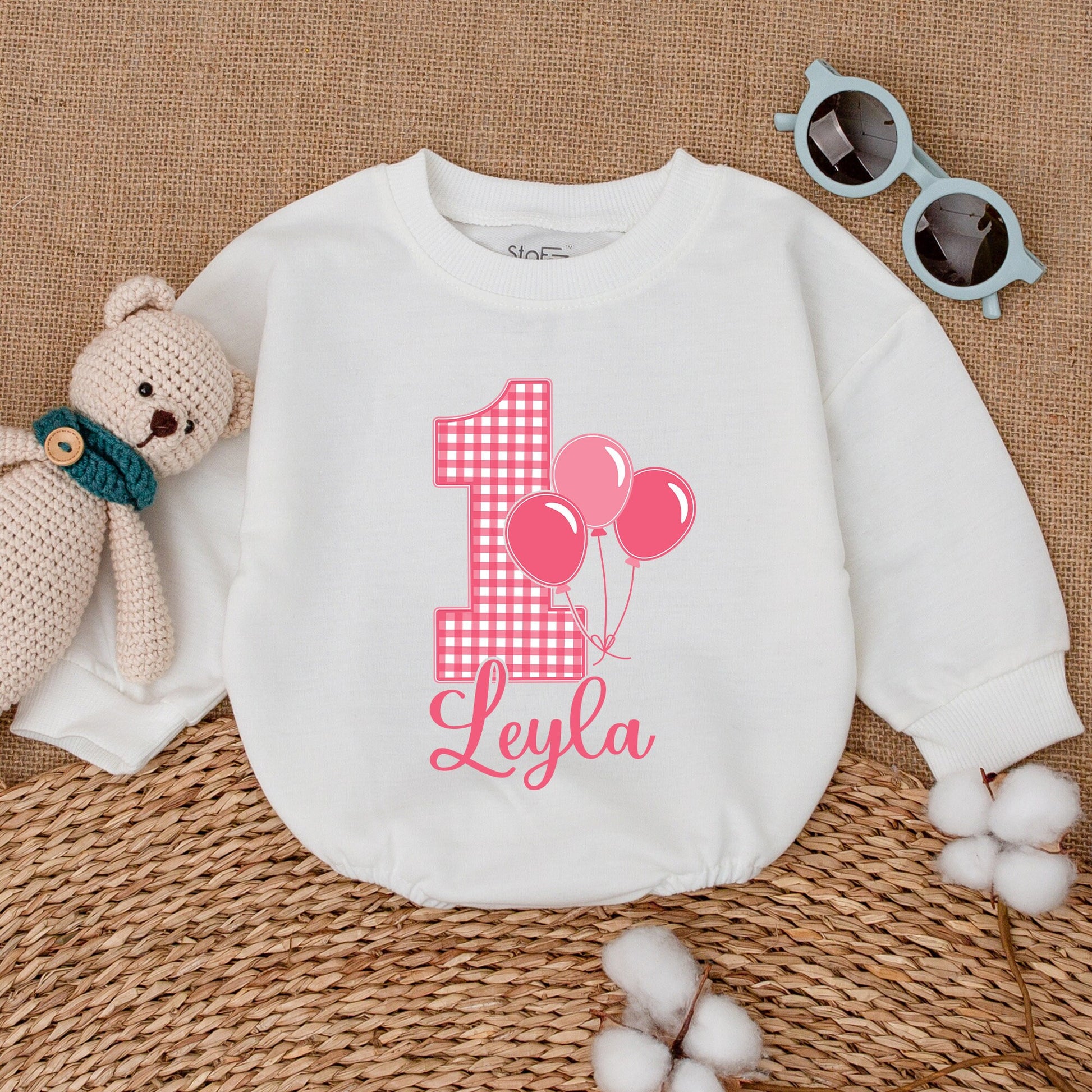 Personalized Pink Gingham 1st Birthday Romper for Baby Girl Leyla Name Balloon Smash Cake Outfit Bodysuit Cheerful Baby Shower Gift