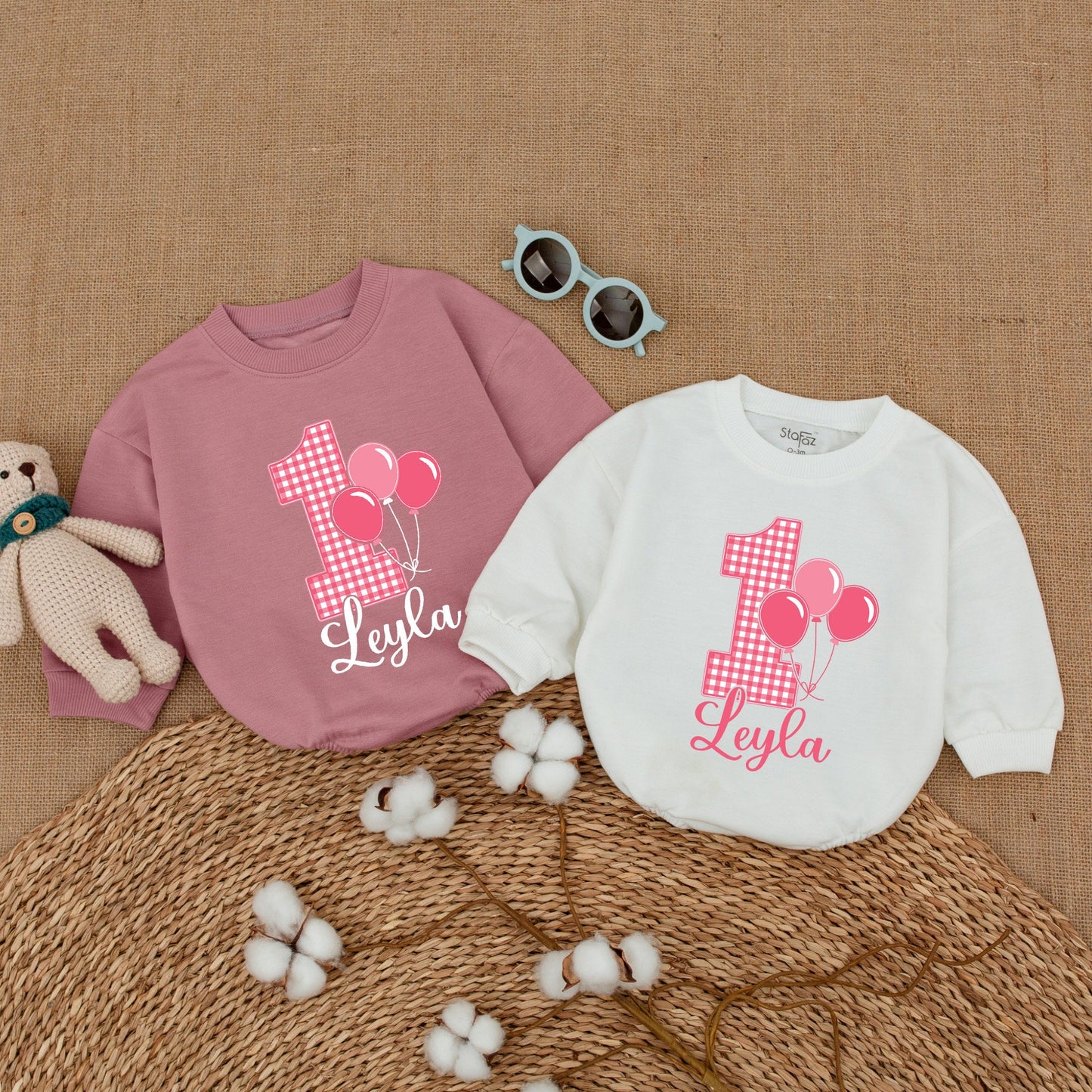 Personalized Pink Gingham 1st Birthday Romper for Baby Girl Leyla Name Balloon Smash Cake Outfit Bodysuit Cheerful Baby Shower Gift