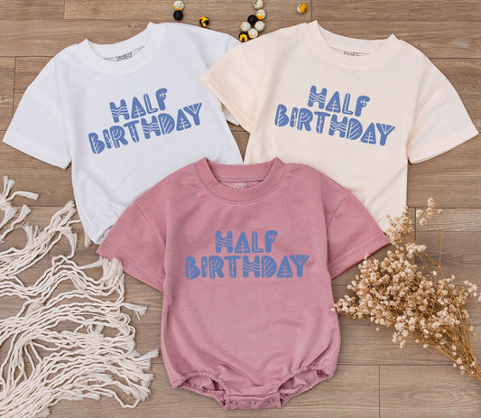 Half Birthday Boy Romper Light Blue Stylized Text 6 Months Baby Outfit Half Way To One Celebration Modern Geometric Design Soft Cotton Newborn Gift