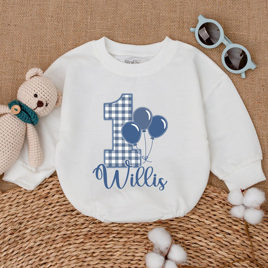 Personalized Blue Gingham Balloon Birthday Romper Baby Boy First Birthday Smash Cake Outfit Bodysuit Bubble Romper Baby Shower Gift
