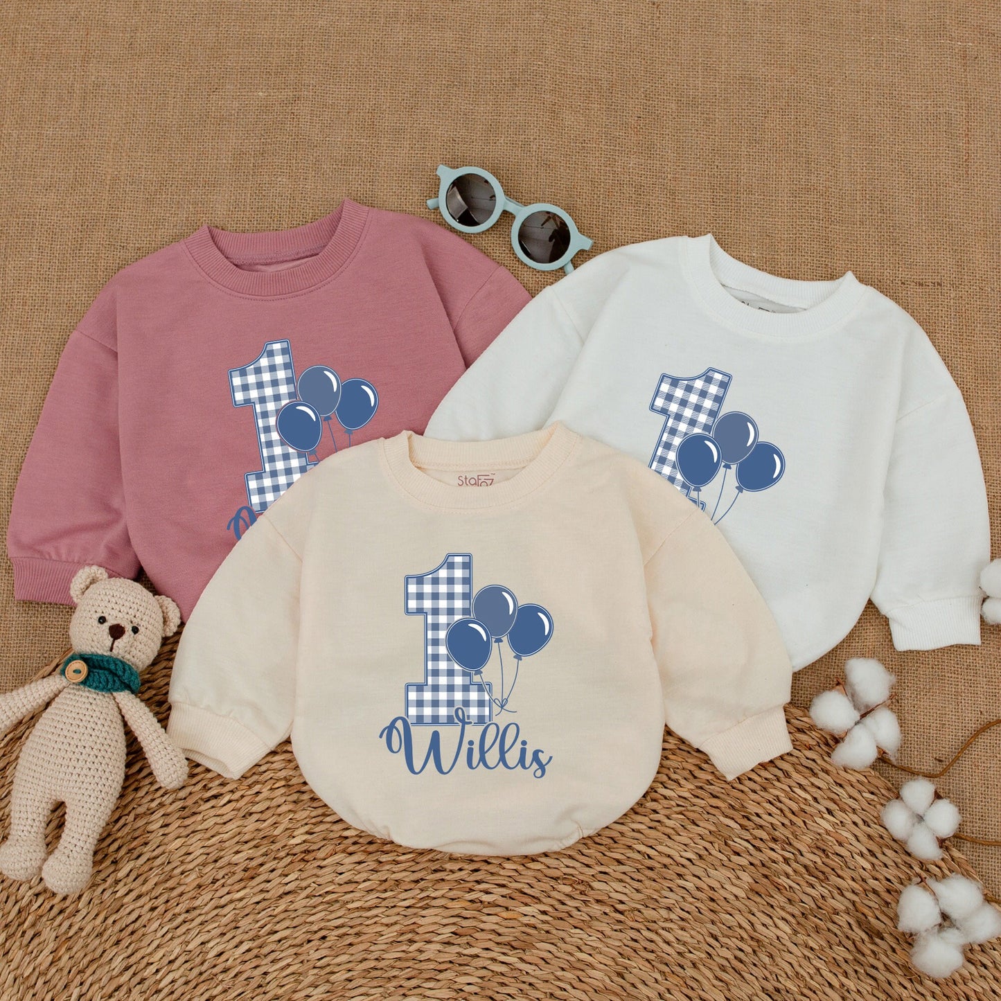 Personalized Blue Gingham Balloon Birthday Romper Baby Boy First Birthday Smash Cake Outfit Bodysuit Bubble Romper Baby Shower Gift
