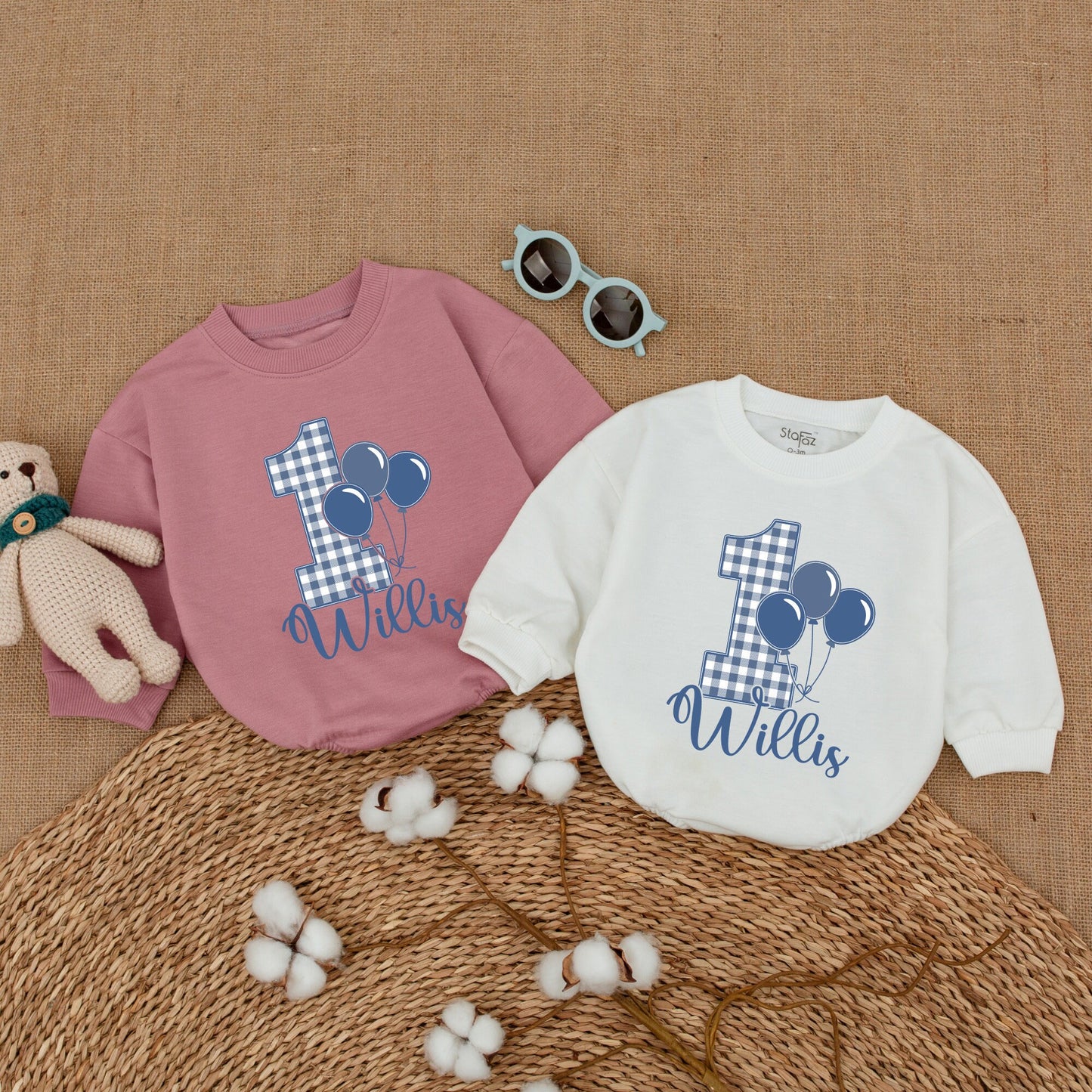 Personalized Blue Gingham Balloon Birthday Romper Baby Boy First Birthday Smash Cake Outfit Bodysuit Bubble Romper Baby Shower Gift