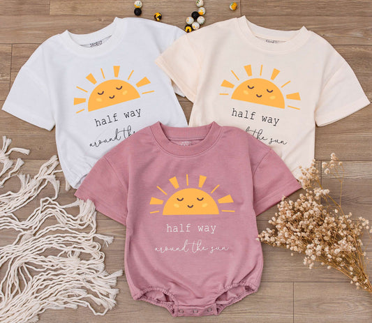 Baby Half Way Around The Sun Romper for 6 Month Birthday Celebration featuring a playful smiling sun graphic soft cotton natural gift outfit