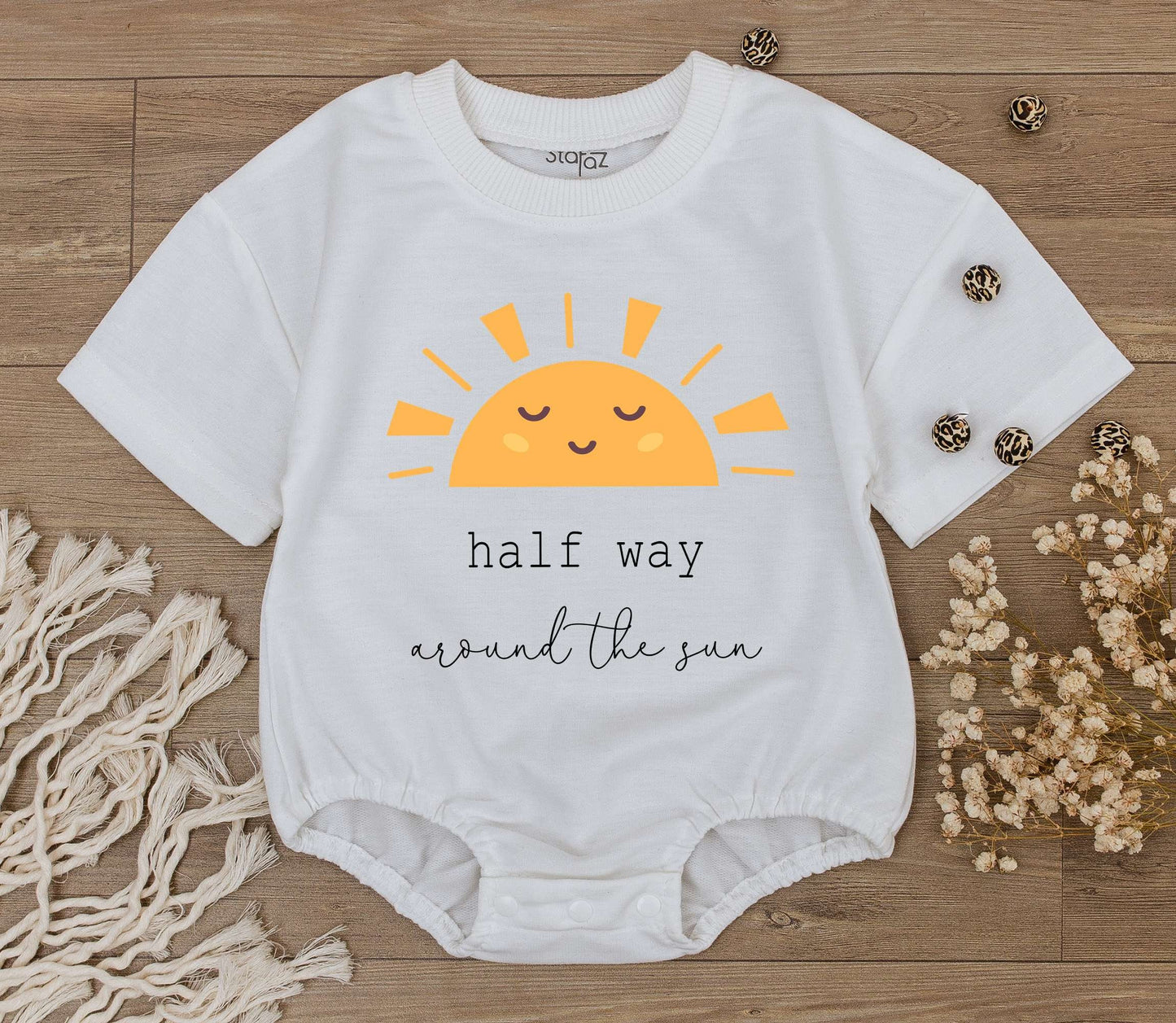 Baby Half Way Around The Sun Romper for 6 Month Birthday Celebration featuring a playful smiling sun graphic soft cotton natural gift outfit