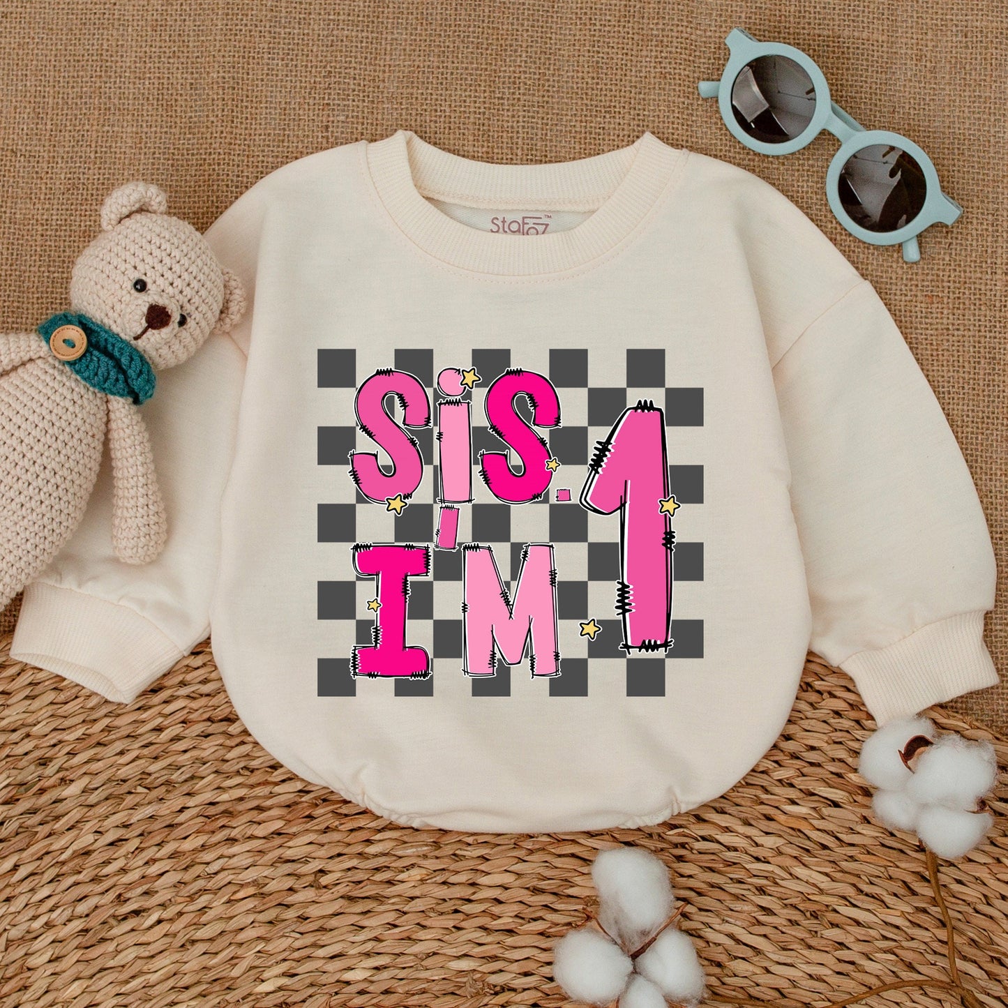 Sis I'm One Pink 1st Birthday Baby Girl Romper Cheerful Checkered Bodysuit Whimsical Newborn Bubble Outfit Smash Cake Shower Gift