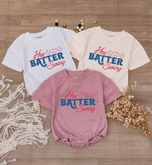 Hey Batter Batter Swing Retro Baseball Baby Romper Newborn Bodysuit Outfit Boy Girl Game Day Jumpsuit Cute First Birthday Gift Gender Neutral Summer Sport