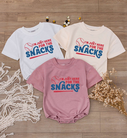 I'm Just Here For The Snacks Baseball Bubble Romper for Baby Toddler Game Day Outfit Red Blue Vintage Soft Cotton Short Sleeve Summer Bodysuit Gift