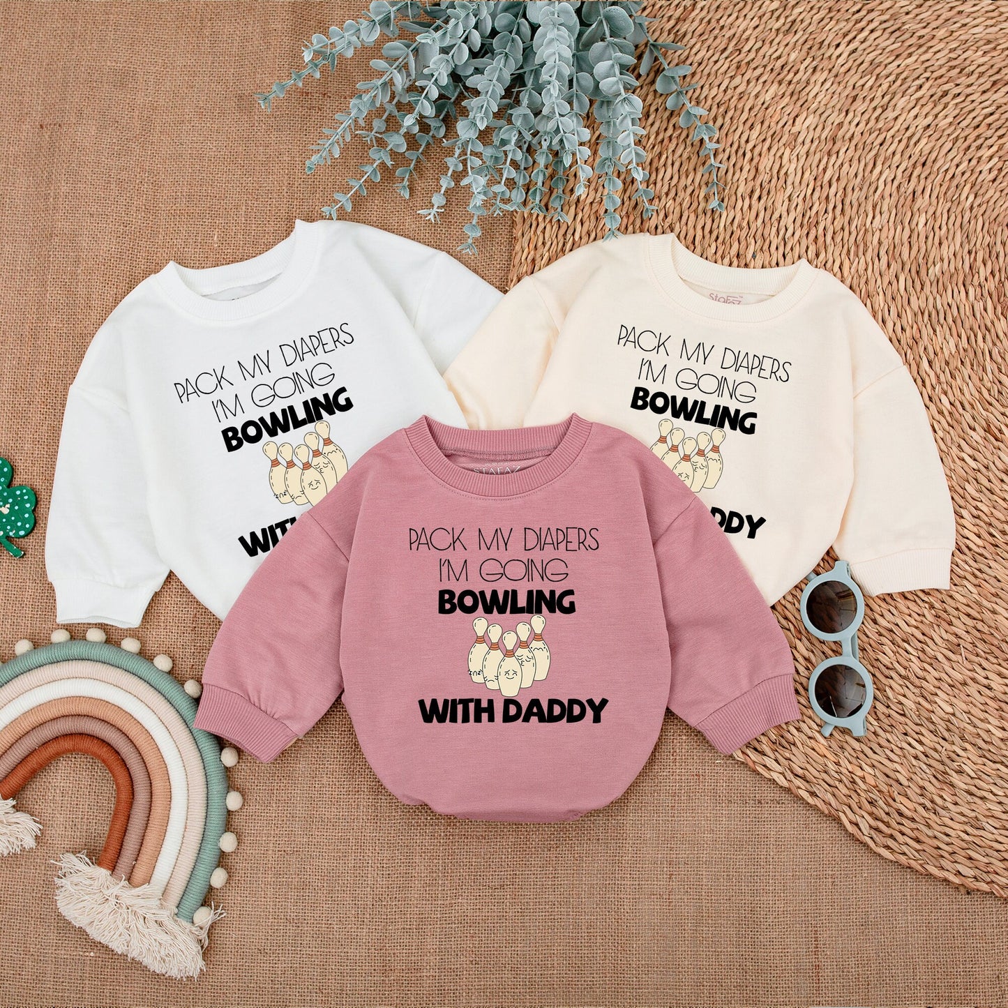 Pack My Diapers I'm Going Bowling With Daddy Custom Romper Cute Pins Design Baby Bubble Bodysuit New Dad Father's Day Gift