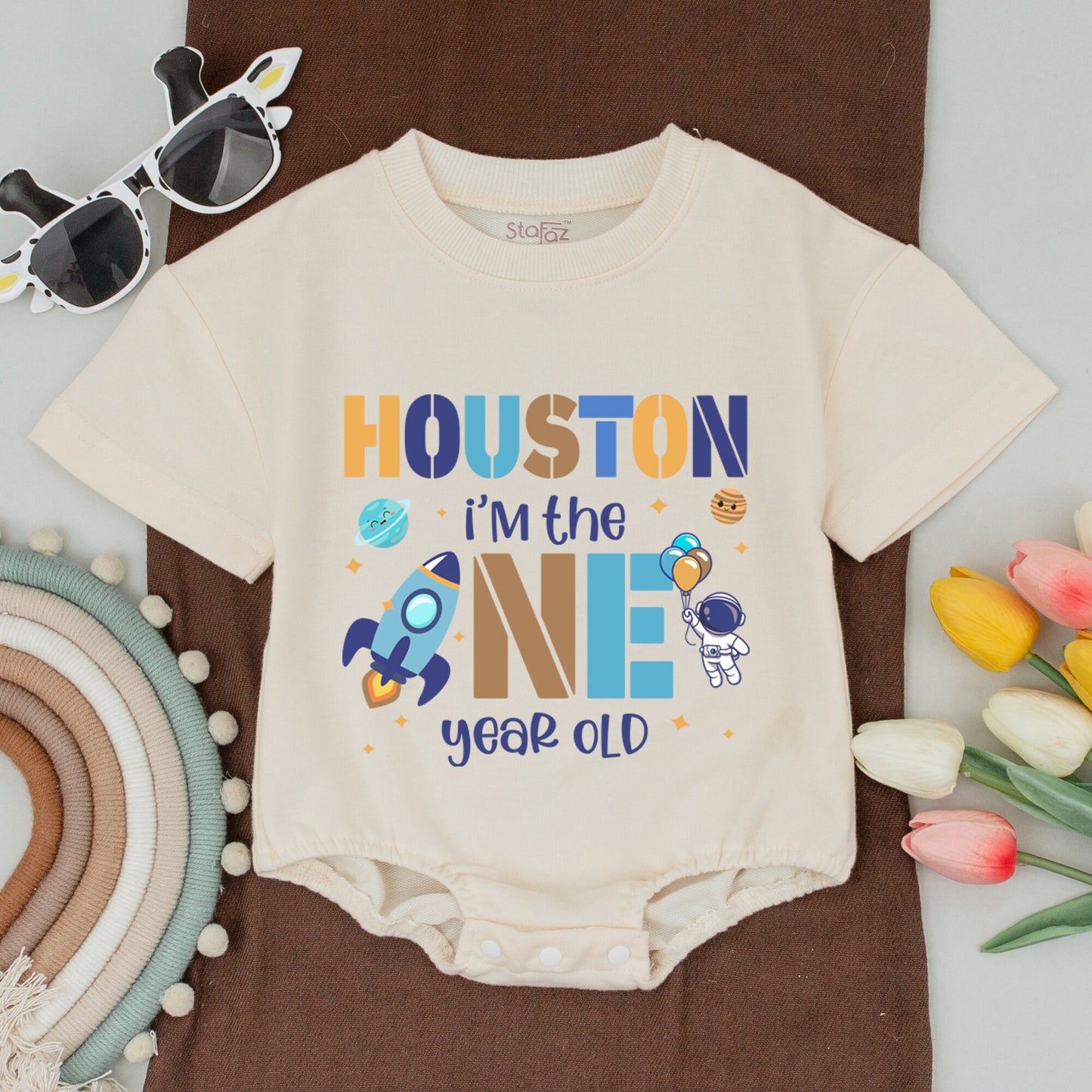 Houston We Have a One Year Old Outer Space 1st Birthday Shirt Matching Family Outfit Baby Romper Blue Gold Astronaut Planets Galaxy Theme