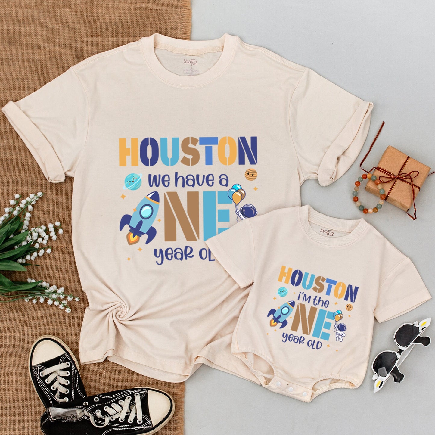 Houston We Have a One Year Old Outer Space 1st Birthday Shirt Matching Family Outfit Baby Romper Blue Gold Astronaut Planets Galaxy Theme