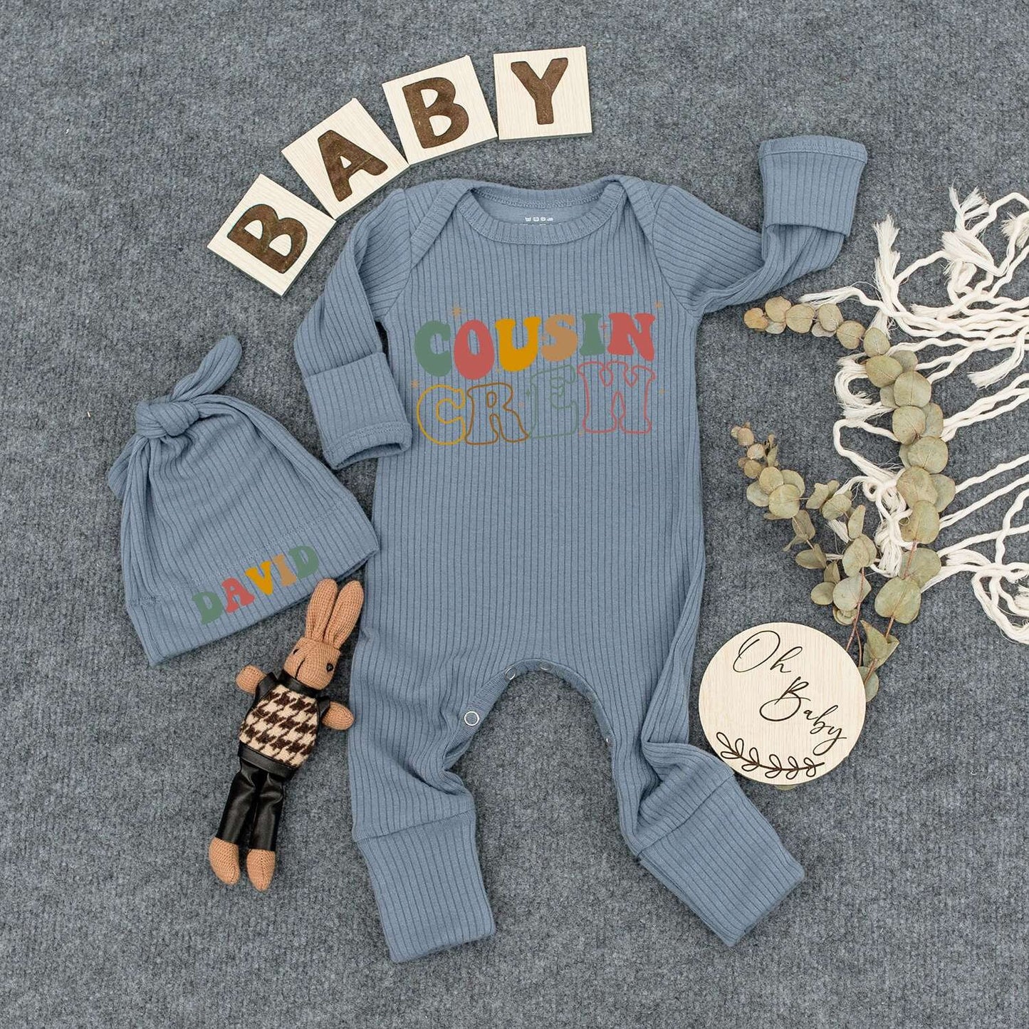 Custom Cousin Crew Bodysuit Personalized Baby Hat Retro Vintage Stacked Text Romper Outfit Infant Boy Cute Funny Shower Gift Newborn Keepsake