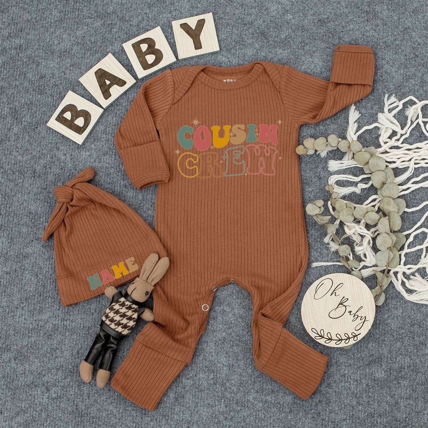 Custom Cousin Crew Bodysuit Personalized Baby Hat Retro Vintage Stacked Text Romper Outfit Infant Boy Cute Funny Shower Gift Newborn Keepsake