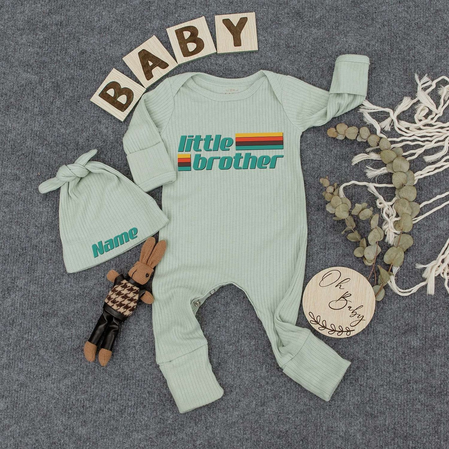 Custom Little Brother Bodysuit Retro Vintage Baby Boy Romper Outfit Mustard Red Teal Green Blocky Font New Baby Gift Going Home Keepsake