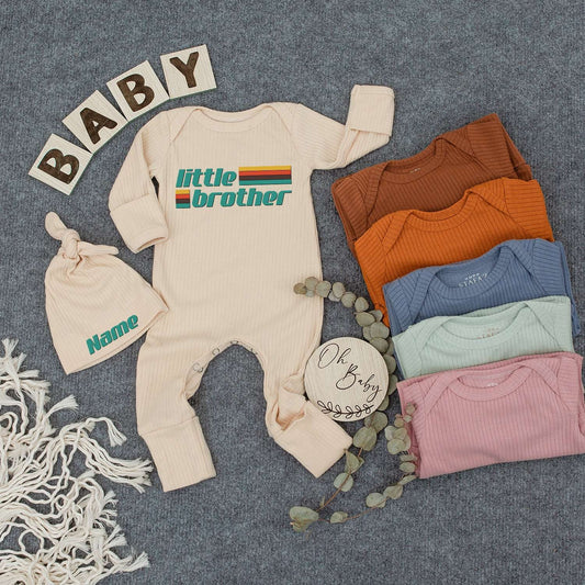 Custom Little Brother Bodysuit Retro Vintage Baby Boy Romper Outfit Mustard Red Teal Green Blocky Font New Baby Gift Going Home Keepsake