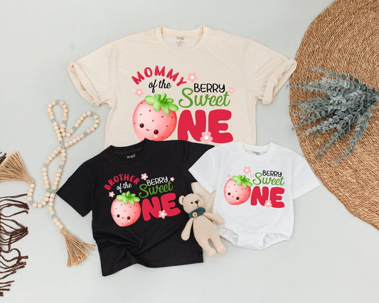 Mommy and Me Berry Sweet One First Birthday Family Shirts Cute Strawberry Celebration Outfits Daddy Sister Brother Matching Tees Soft Cotton