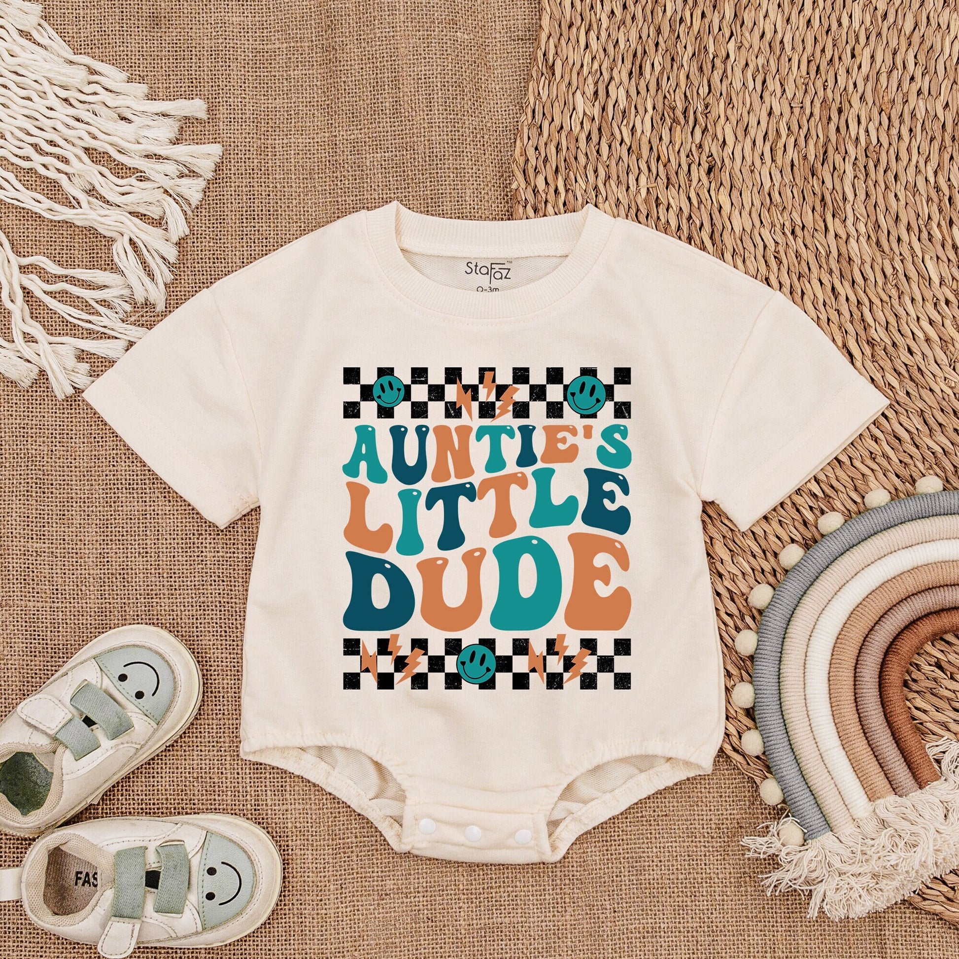 Auntie's Little Dude Retro Baby Boy Romper Bodysuit New Aunt Gift Colorful Teal Orange Checkered Lightning Smiley Shower Outfit