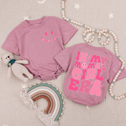 Pink Retro Mama's Girl Era Baby Girl Romper, Mommy and Me Vintage 70s Outfit with Smiley Face Lightning Star Accents Gift
