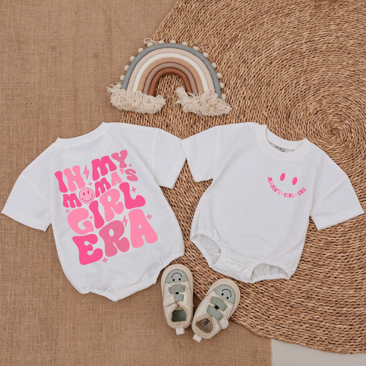Pink Retro Mama's Girl Era Baby Girl Romper, Mommy and Me Vintage 70s Outfit with Smiley Face Lightning Star Accents Gift