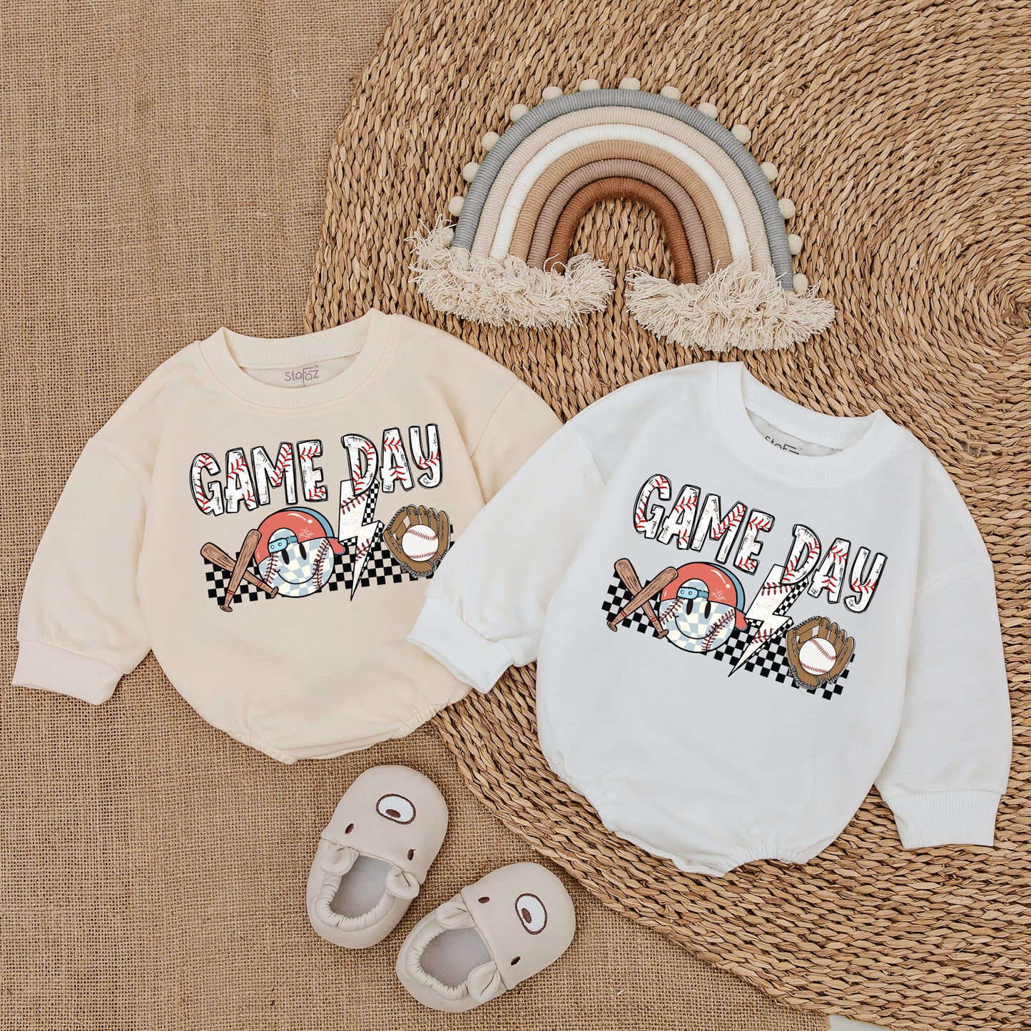 Game Day Baseball Baby Bubble Romper, Newborn Infant Bodysuit Outfit with Stitched GAME DAY Text & Vintage Style Graphics.