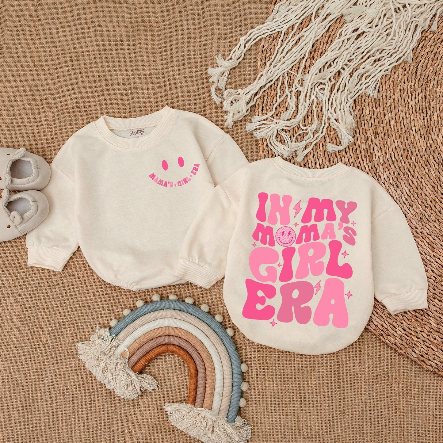 Mama's Girl Era Romper Baby Girl Outfit with Pink Retro Design, Smiling Face, Star Graphics, Baby Shower Gift