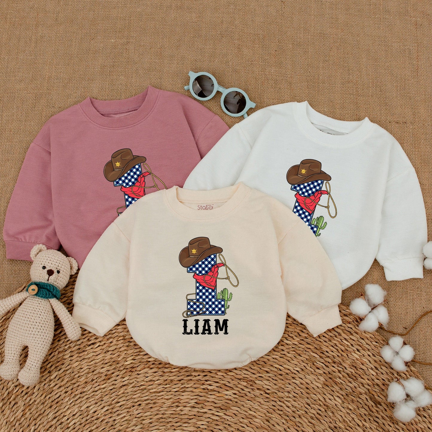 Personalized Howdy Cowboy First Rodeo Birthday Sweatshirt Romper Toddler Baby Boy Bodysuit Western Farm Style Comfortable Baby Shower Gift