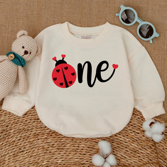Baby Girl Cute Red Ladybug One First Birthday Romper Bodysuit Outfit with Black Hearts Design Comfortable Soft Sweatshirt Style