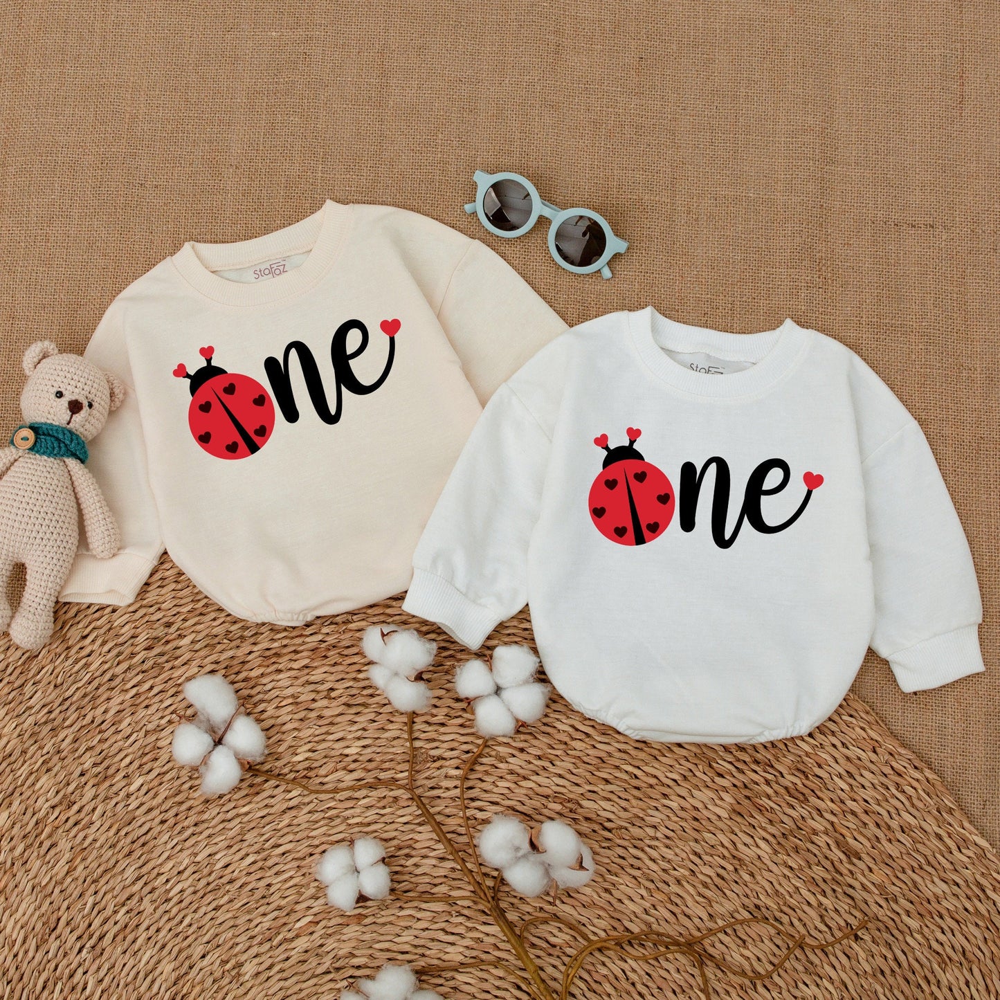 Baby Girl Cute Red Ladybug One First Birthday Romper Bodysuit Outfit with Black Hearts Design Comfortable Soft Sweatshirt Style