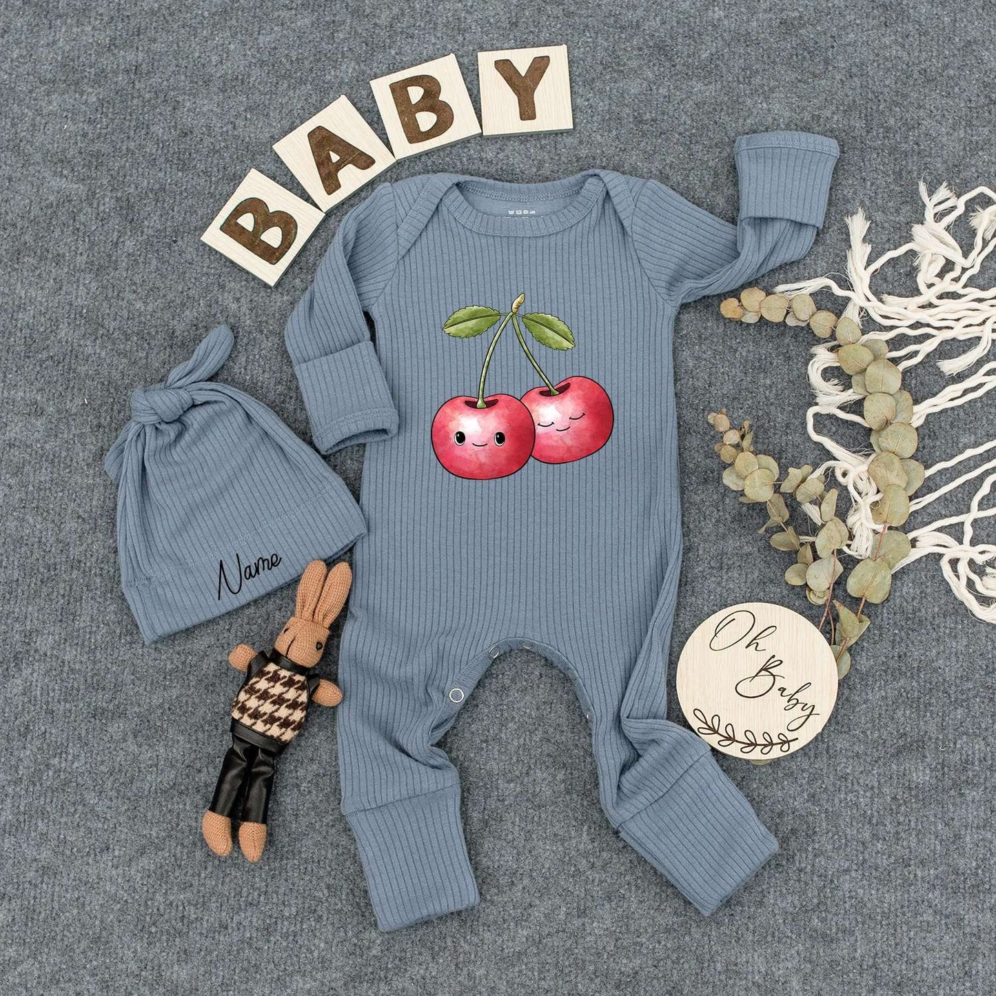 Personalized Cute Cherry Baby Romper and Hat Set Vibrant Fruit Design Newborn Outfit Custom Name Sleepsuit Boho Summer Clothes New Mom Gift