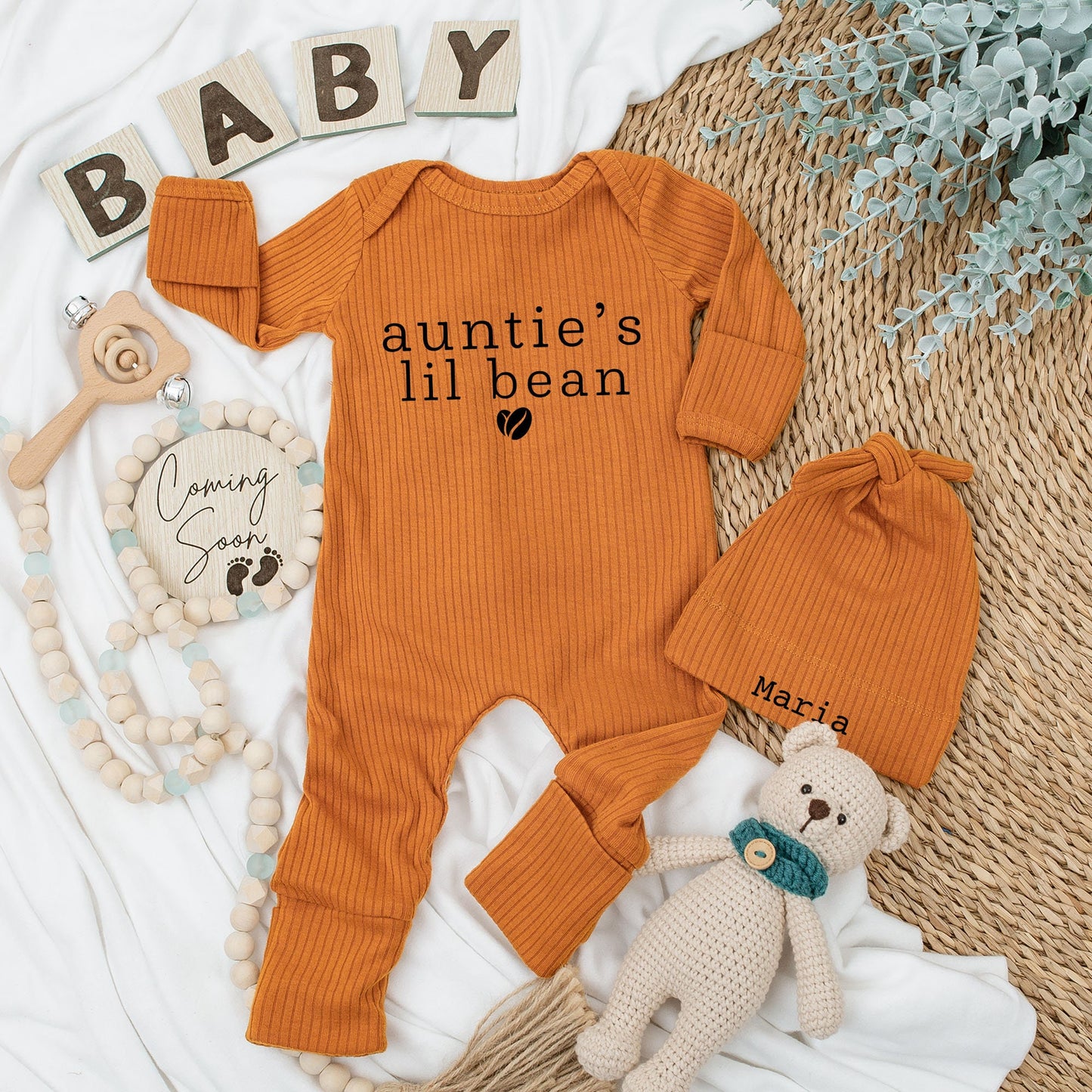 Auntie's Lil Bean Coffee Baby Bodysuit Hat Set Newborn Maria Design Long Sleeve Coming Home Outfit Baby Shower Gift