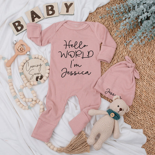 Personalized Baby Girl Coming Home Outfit Hello World I'm Jessica Bodysuit & Hat Set Newborn Shower Gift Minimalist Cursive Style