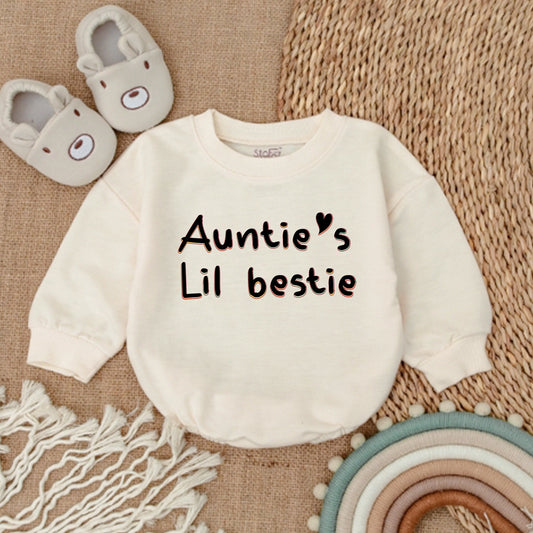 Auntie's Lil Bestie Baby Romper Newborn Gift Cute Whimsical Outfit Black Orange Pink Heart Infant Bodysuit Clothes Pregnancy Announcement