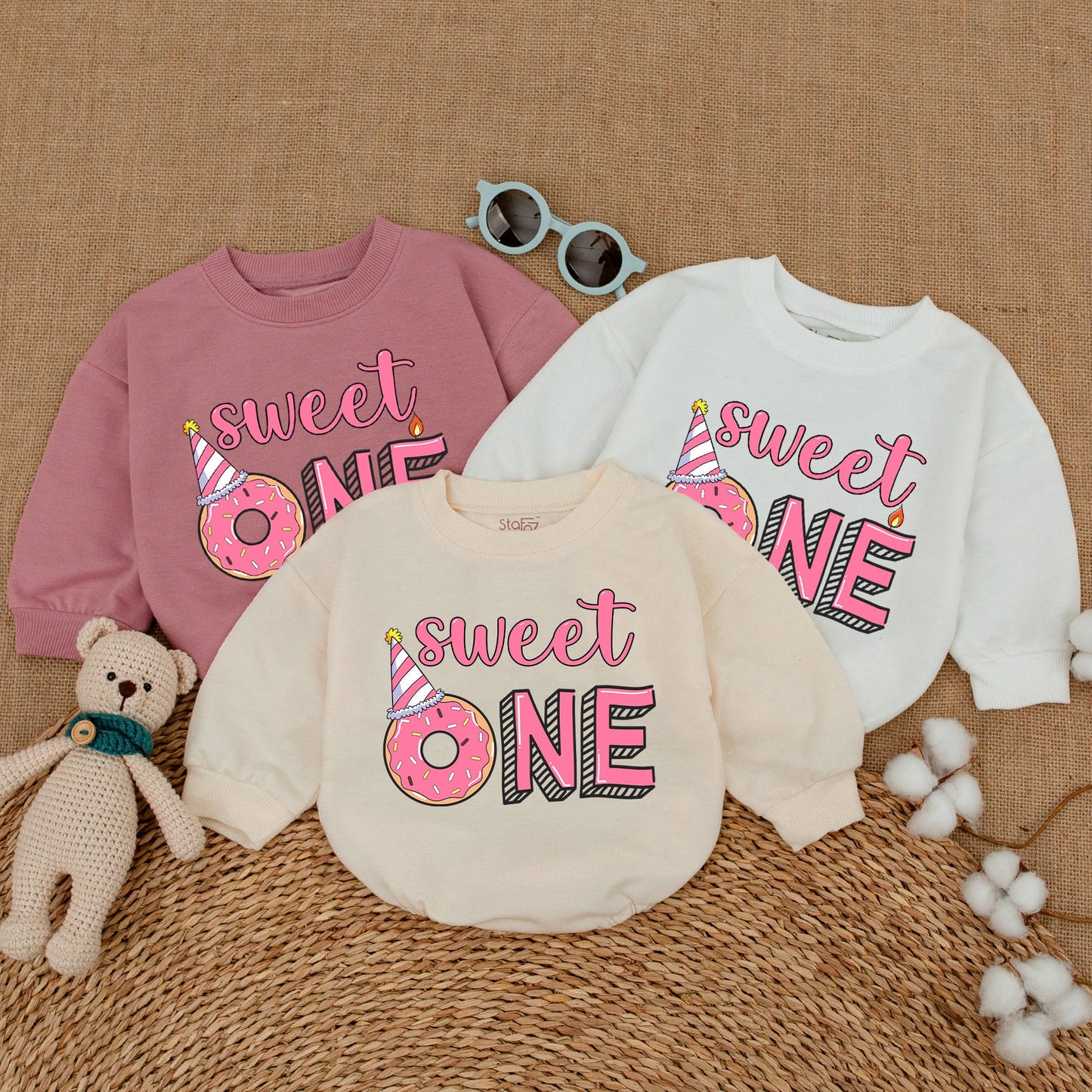Sweet One Donut First Birthday Girl Romper Bodysuit Whimsical Pink Outfit Smash Cake Party Celebration Bubble Romper Baby Shower Gift