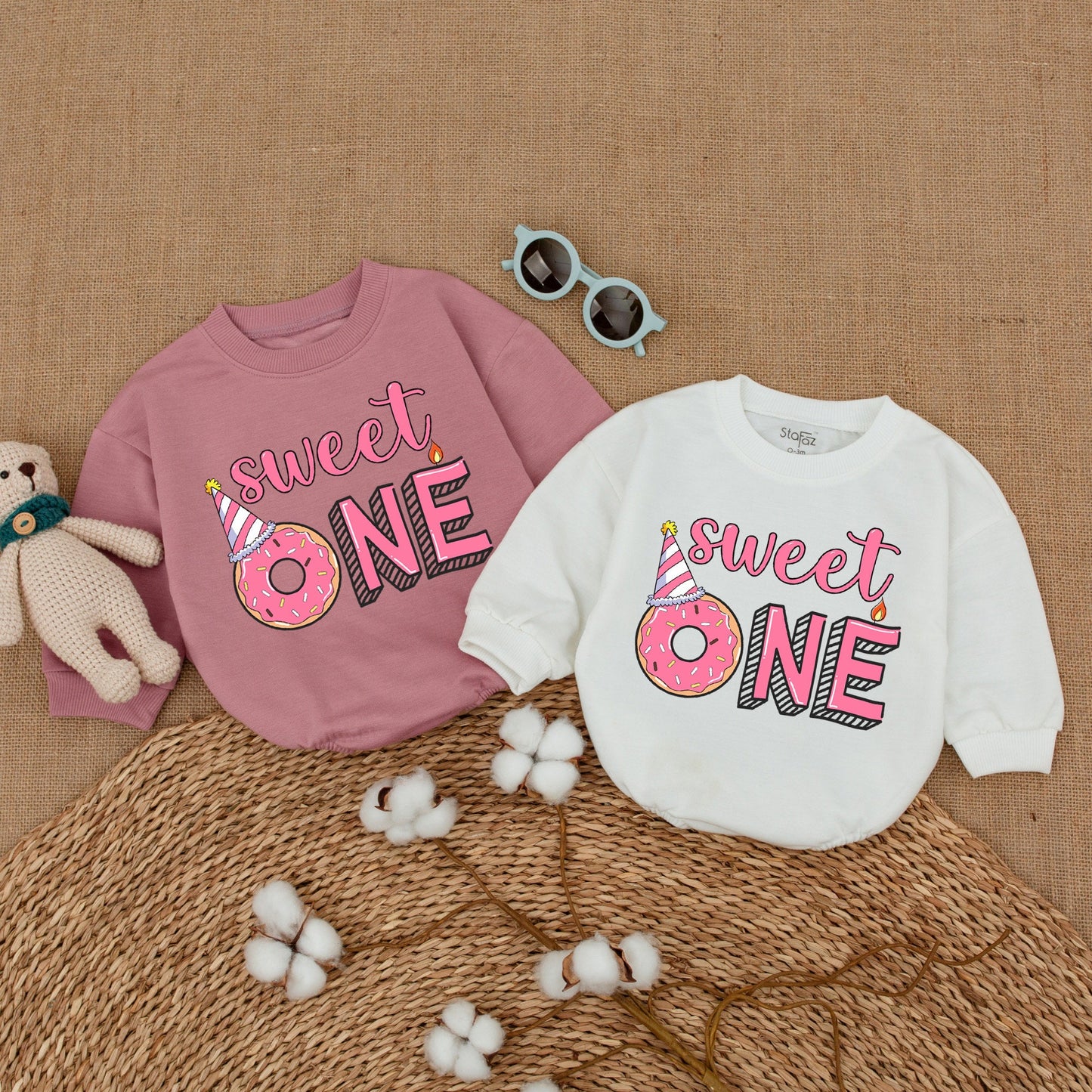 Sweet One Donut First Birthday Girl Romper Bodysuit Whimsical Pink Outfit Smash Cake Party Celebration Bubble Romper Baby Shower Gift