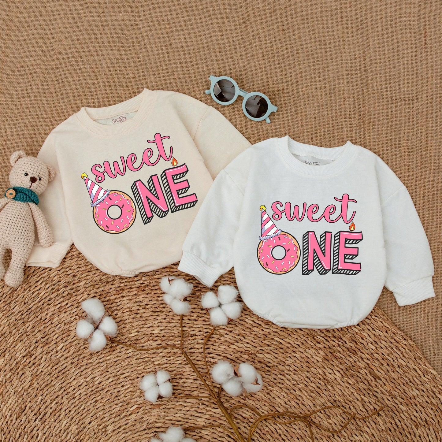 Sweet One Donut First Birthday Girl Romper Bodysuit Whimsical Pink Outfit Smash Cake Party Celebration Bubble Romper Baby Shower Gift