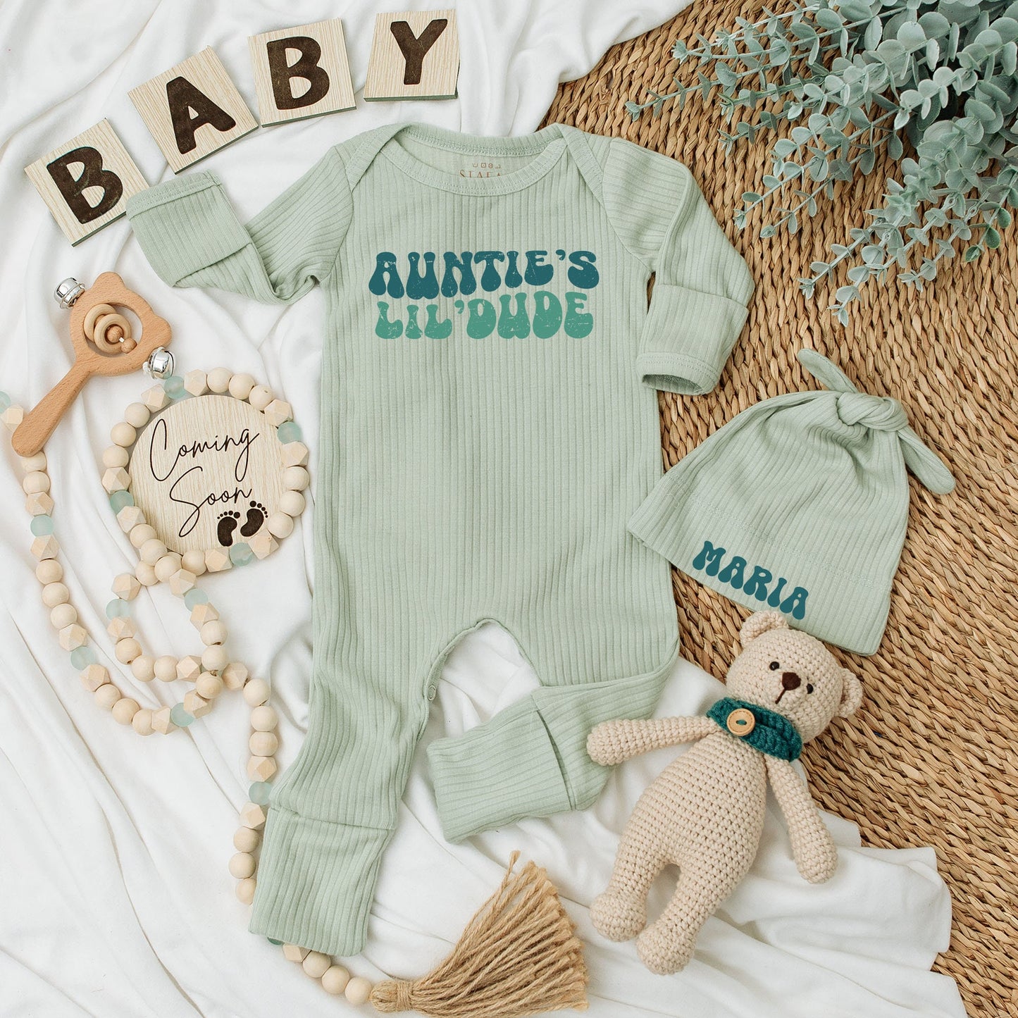 Personalized Auntie's Lil'Dude Baby Long Sleeve Bodysuit & Hat Set Retro 70s Design Teal Green Groovy Newborn Coming Home Outfit Baby Shower Gift