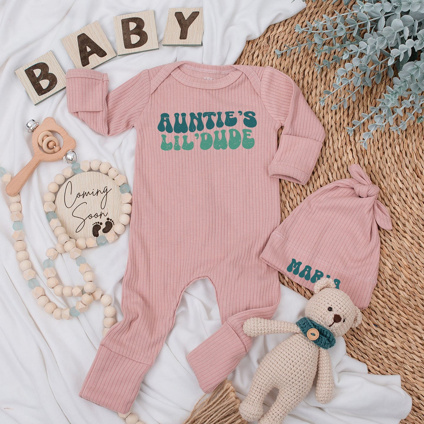 Personalized Auntie's Lil'Dude Baby Long Sleeve Bodysuit & Hat Set Retro 70s Design Teal Green Groovy Newborn Coming Home Outfit Baby Shower Gift
