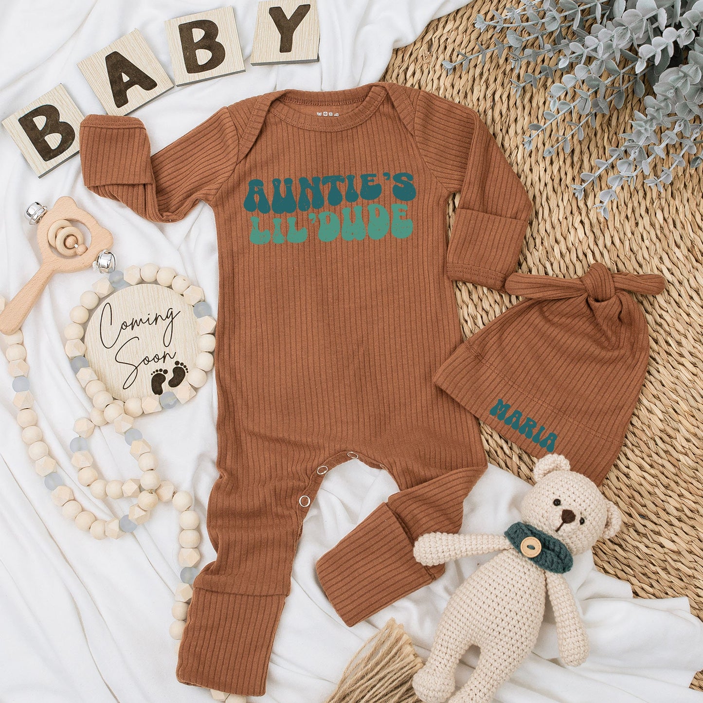 Personalized Auntie's Lil'Dude Baby Long Sleeve Bodysuit & Hat Set Retro 70s Design Teal Green Groovy Newborn Coming Home Outfit Baby Shower Gift