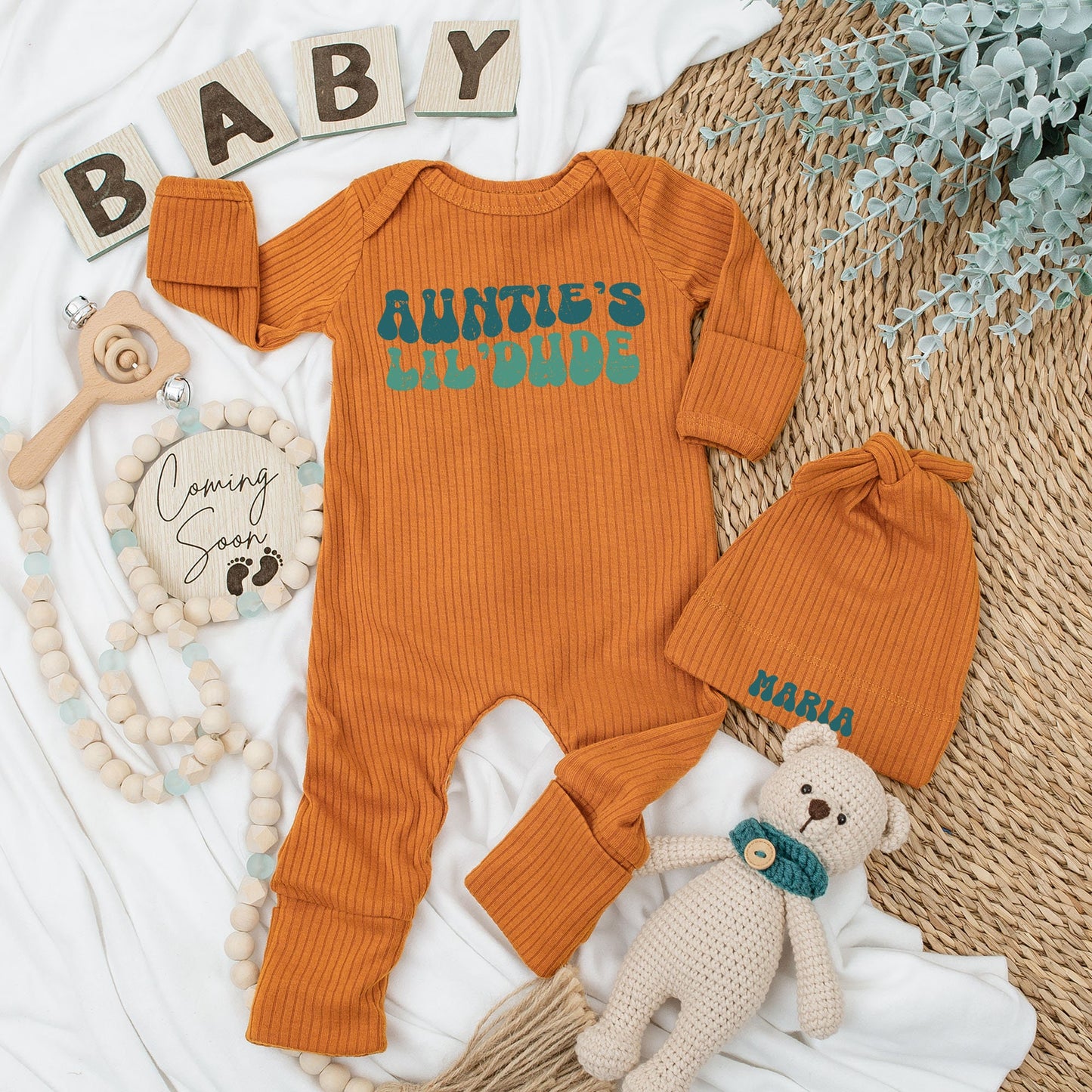 Personalized Auntie's Lil'Dude Baby Long Sleeve Bodysuit & Hat Set Retro 70s Design Teal Green Groovy Newborn Coming Home Outfit Baby Shower Gift