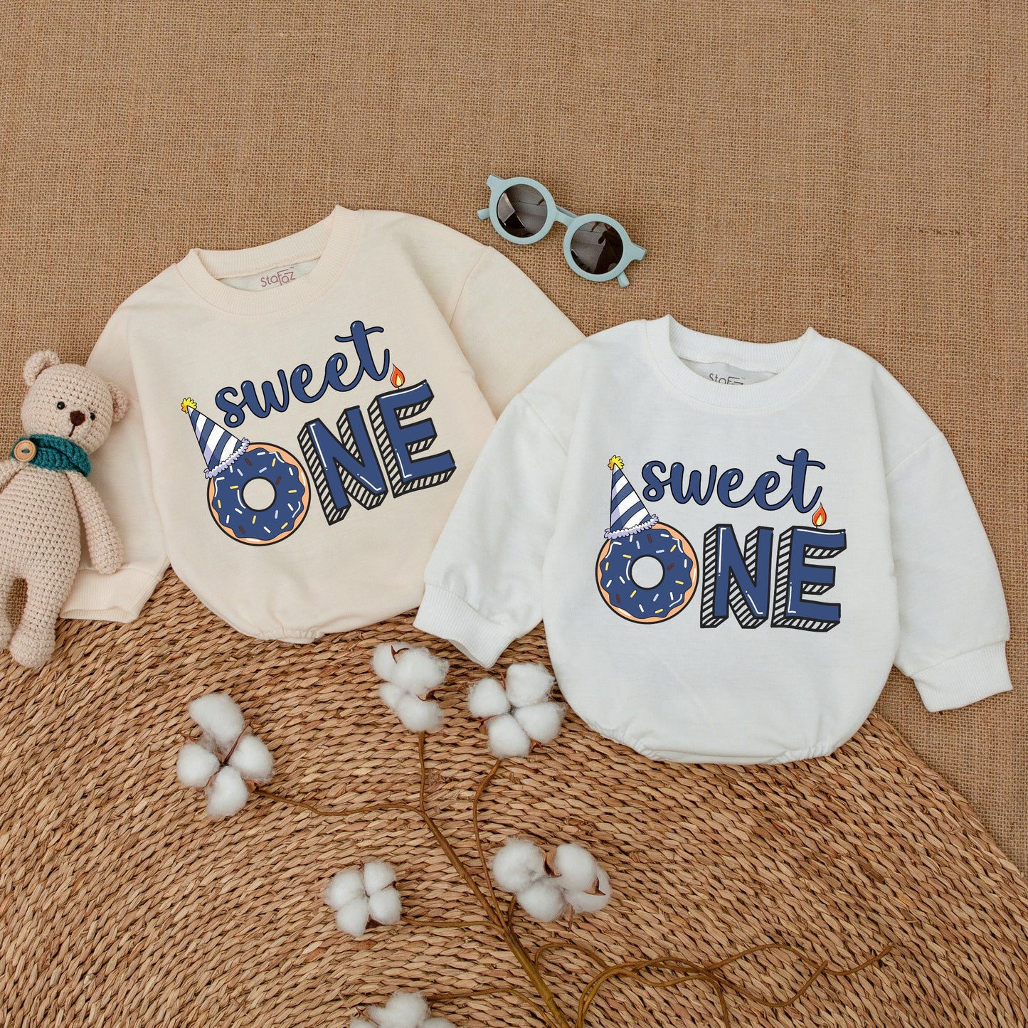 Sweet One Blue Donut Boy Romper First Birthday Outfit Smash Cake Baby Bodysuit Donut Grow Up Party Celebration Gift Cute Design