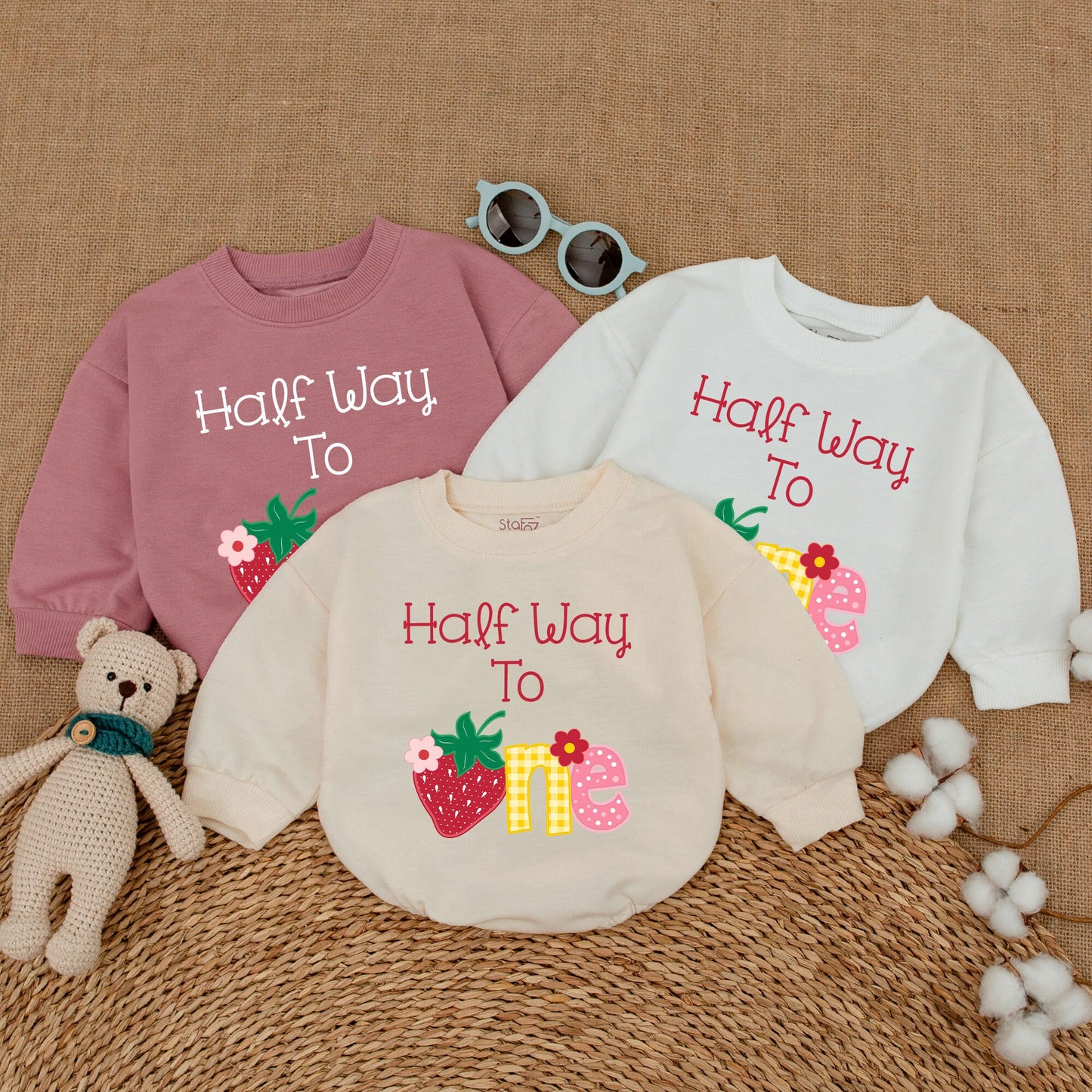 Strawberry Half Way To One Baby Romper Whimsical Six Month 1/2 Birthday Bodysuit Cheerful Red Strawberry Gingham Polka Dot Girls Celebration Outfit Baby Shower Gift