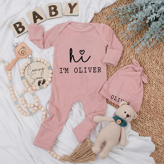 Baby Girl Coming Home Outfit Vintage Hello World Bodysuit and Hat Set Soft Newborn Personalized Baby Shower Gift